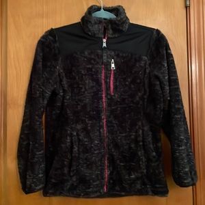 Black and gray fury front zippered jacket with pink zippers